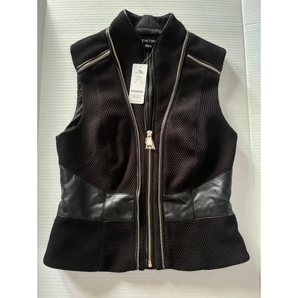New Bebe Izzy Zip up Vest Black with Gold Detail sz 2